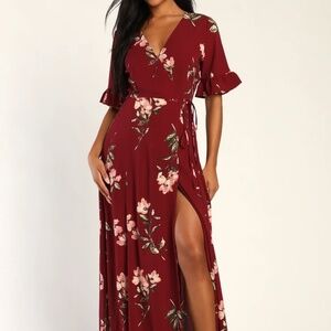 Lulus Burgundy Floral Wrap Dress